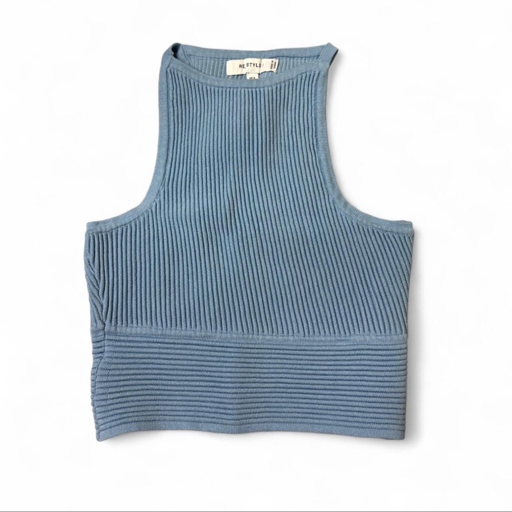 Missguided RE_STYLD Blue Ribbed Knit High Neck Crop Top Sz 4
